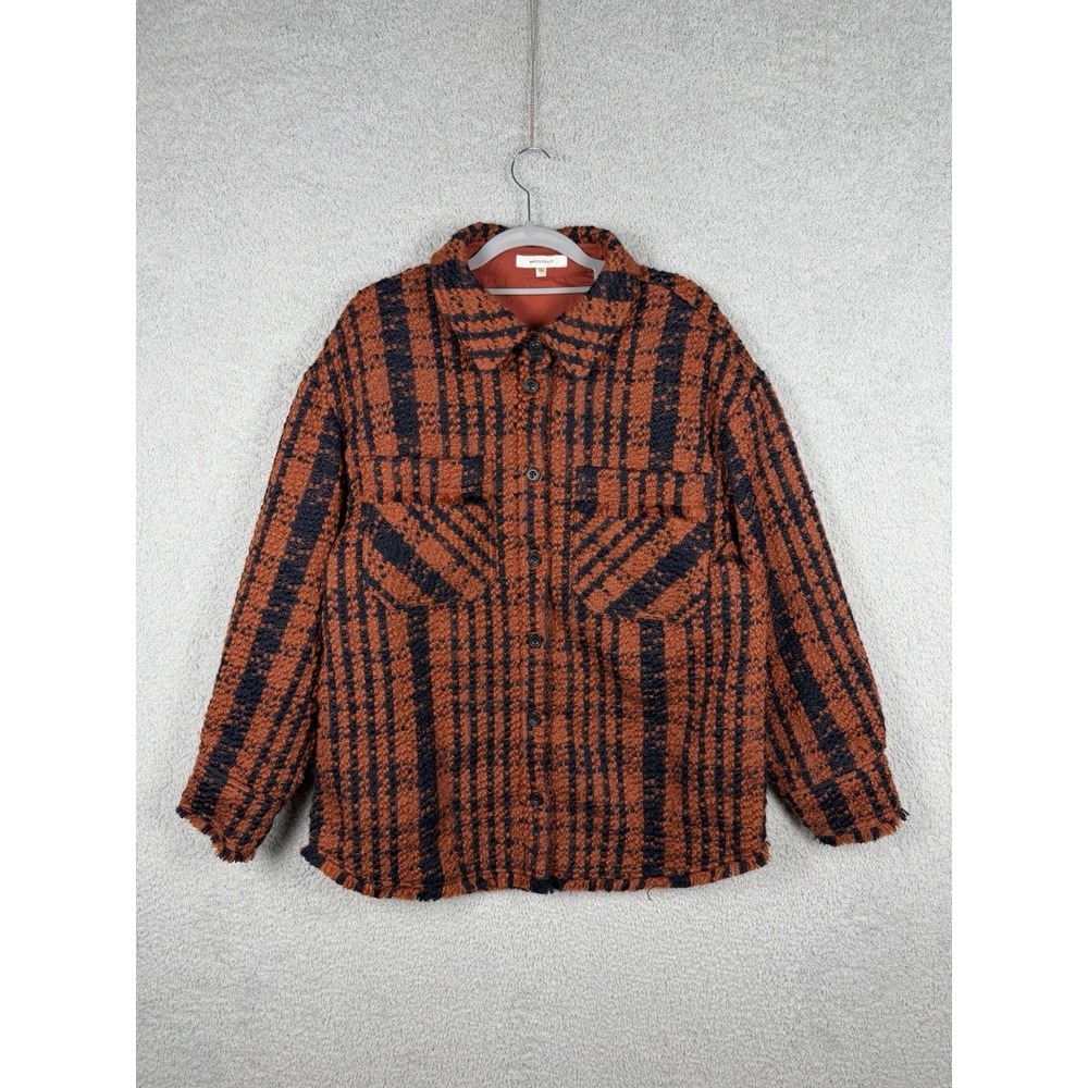 Moussy Womens One Size Orange Navy Textured Plaid Shacket Shirt Jacket Oversized